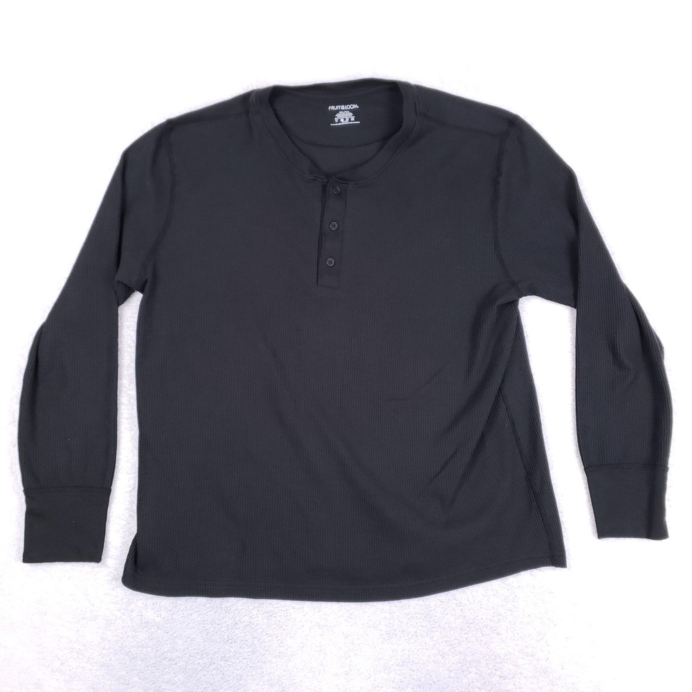 Fruit Of The Loom‎ Thermal Henley Shirt 2XL Black Waffle Knit Dexter Morgan